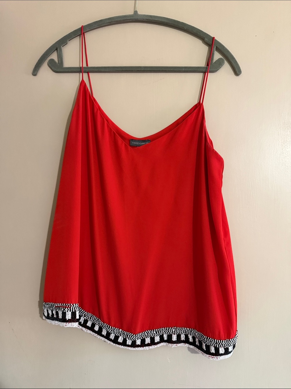Vince Camuto Red Spaghetti-Strap Cami with Black & White Beaded Hem